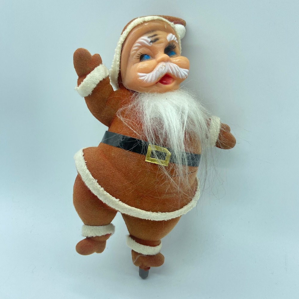 Vintage Flocked Santa Waving Christmas Decor MCM Mid Century Modern Kitsch Plant